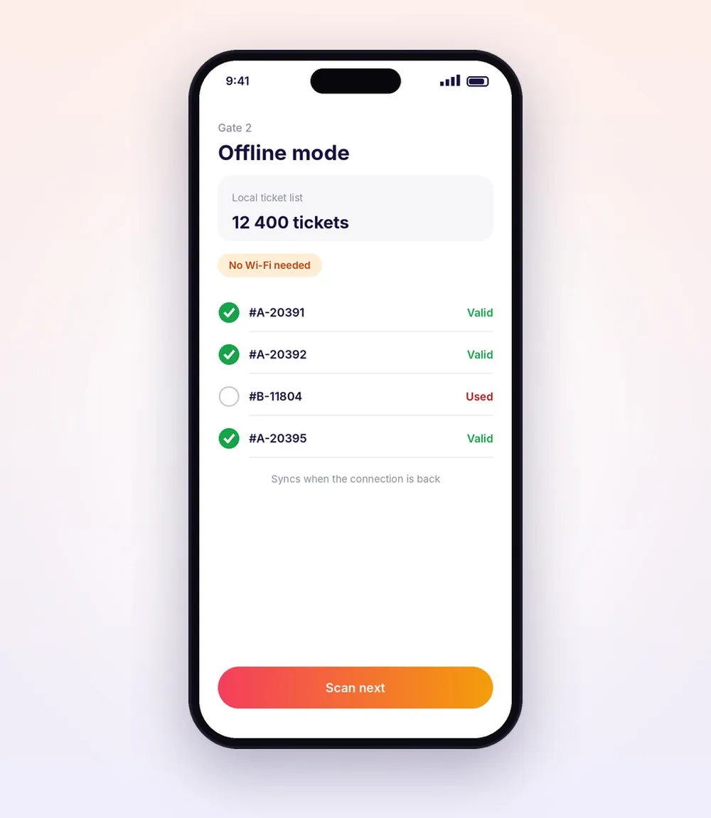 Scan hors ligne avec une liste de billets locale
