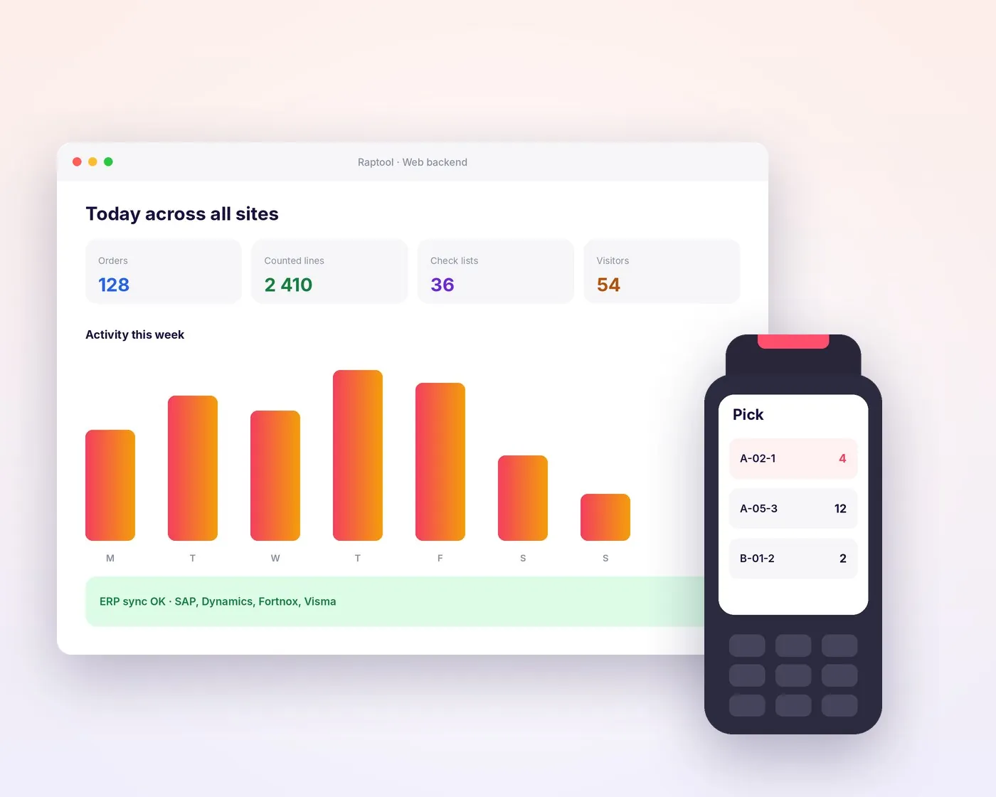 Raptool web backend with activity across sites and a rugged handheld scanner