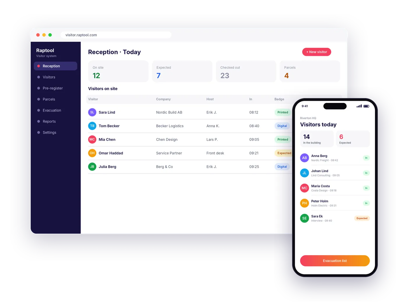 Raptool-Besuchersystem auf einem Computer und einem Smartphone