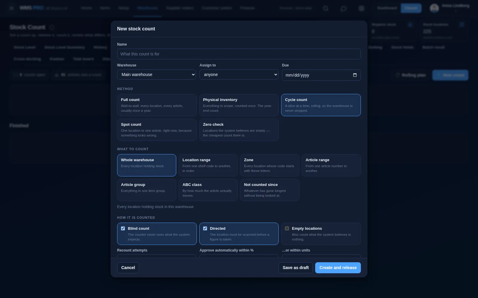 Stock count screen in Raptool WMS